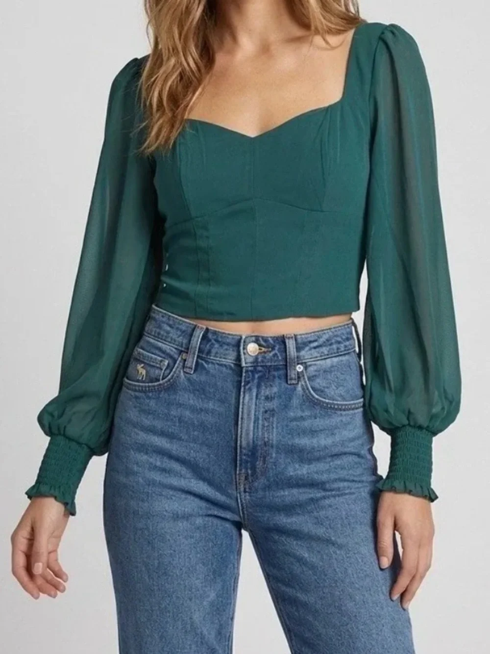 Abercrombie & Fitch Sweetheart Corset Top Sheer Puff Sleeves S Green Cottagecore
